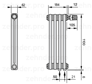 Схема (чертеж) Радиатор Zehnder Charleston 2110/4 №V002 Белый глянцевый RAL 9016